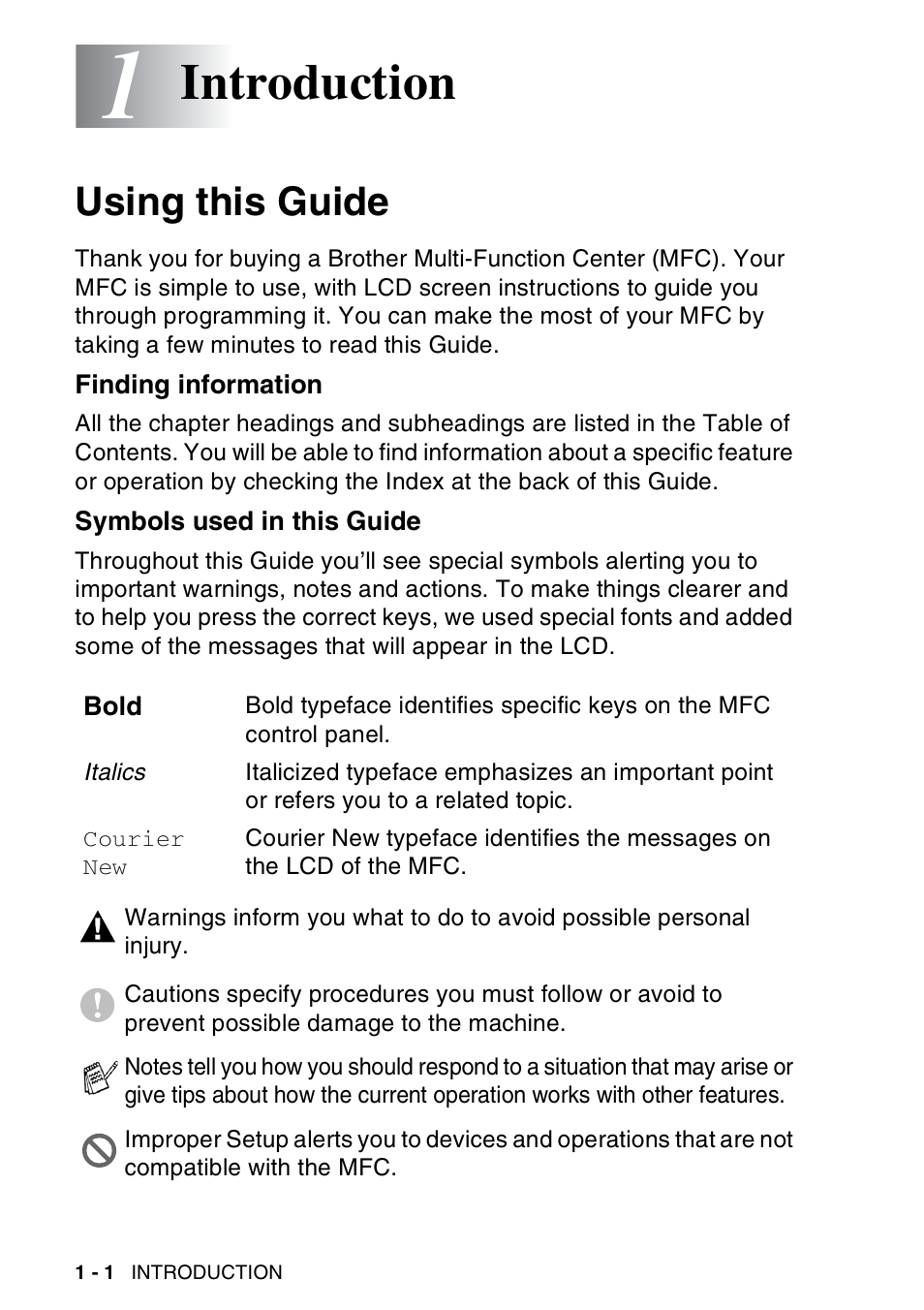 1 introduction, Using this guide, Finding information | Symbols used in this guide, Introduction -1, Using this guide -1, Introduction | Brother MFC-8440  B User Manual | Page 22 / 231