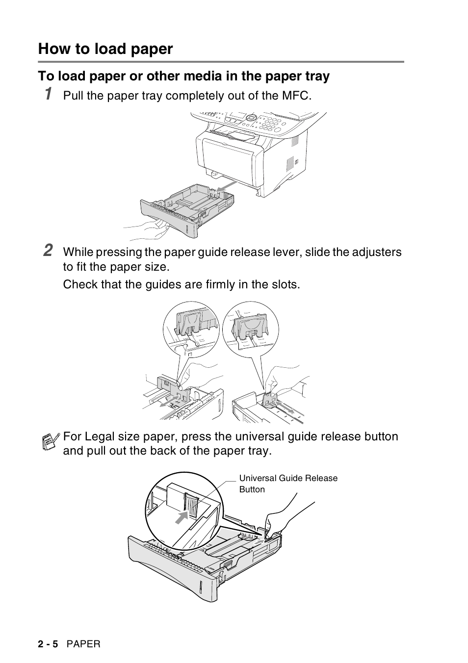 How to load paper, To load paper or other media in the paper tray, How to load paper -5 | To load paper or other media in the paper tray -5 | Brother MFC-8440  B User Manual | Page 48 / 231