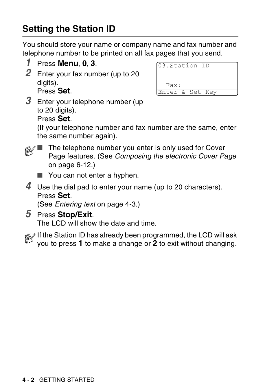 Setting the station id, Setting the station id -2 | Brother MFC-8440  B User Manual | Page 70 / 231