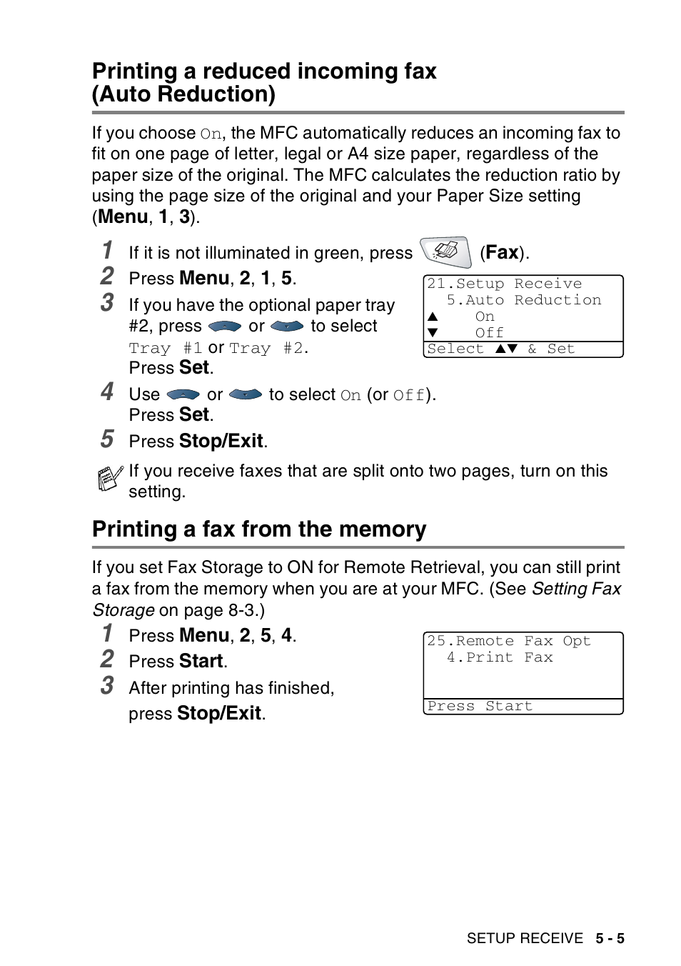Printing a reduced incoming fax (auto reduction), Printing a fax from the memory, Printing a reduced incoming fax | Auto reduction) -5, Printing a fax from the memory -5 | Brother MFC-8440  B User Manual | Page 85 / 231