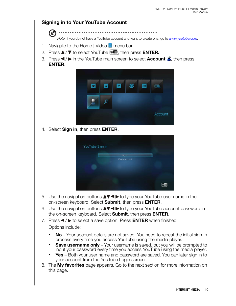 Signing in to your youtube account | Western Digital WD TV Live/Live Plus Media Player User Manual User Manual | Page 114 / 170