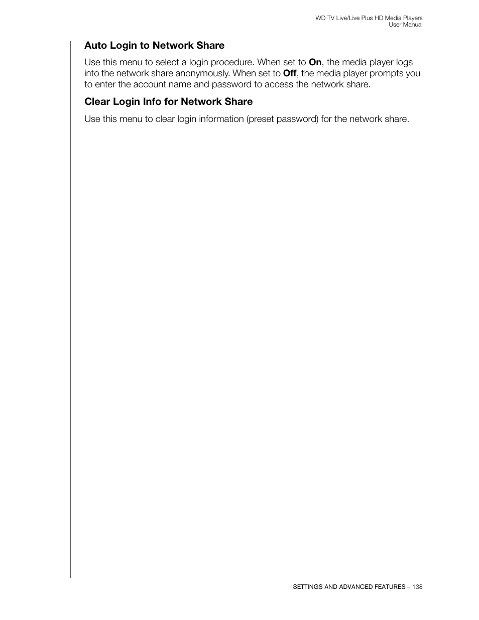 Auto login to network share, Clear login info for network share | Western Digital WD TV Live/Live Plus Media Player User Manual User Manual | Page 142 / 170