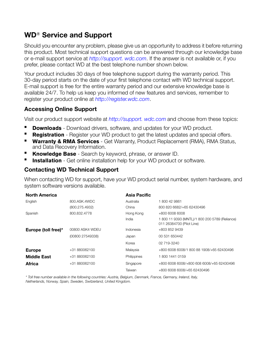 Wd® service and support, Accessing online support, Contacting wd technical support | Service and support | Western Digital WD Elements Play User Manual User Manual | Page 2 / 66