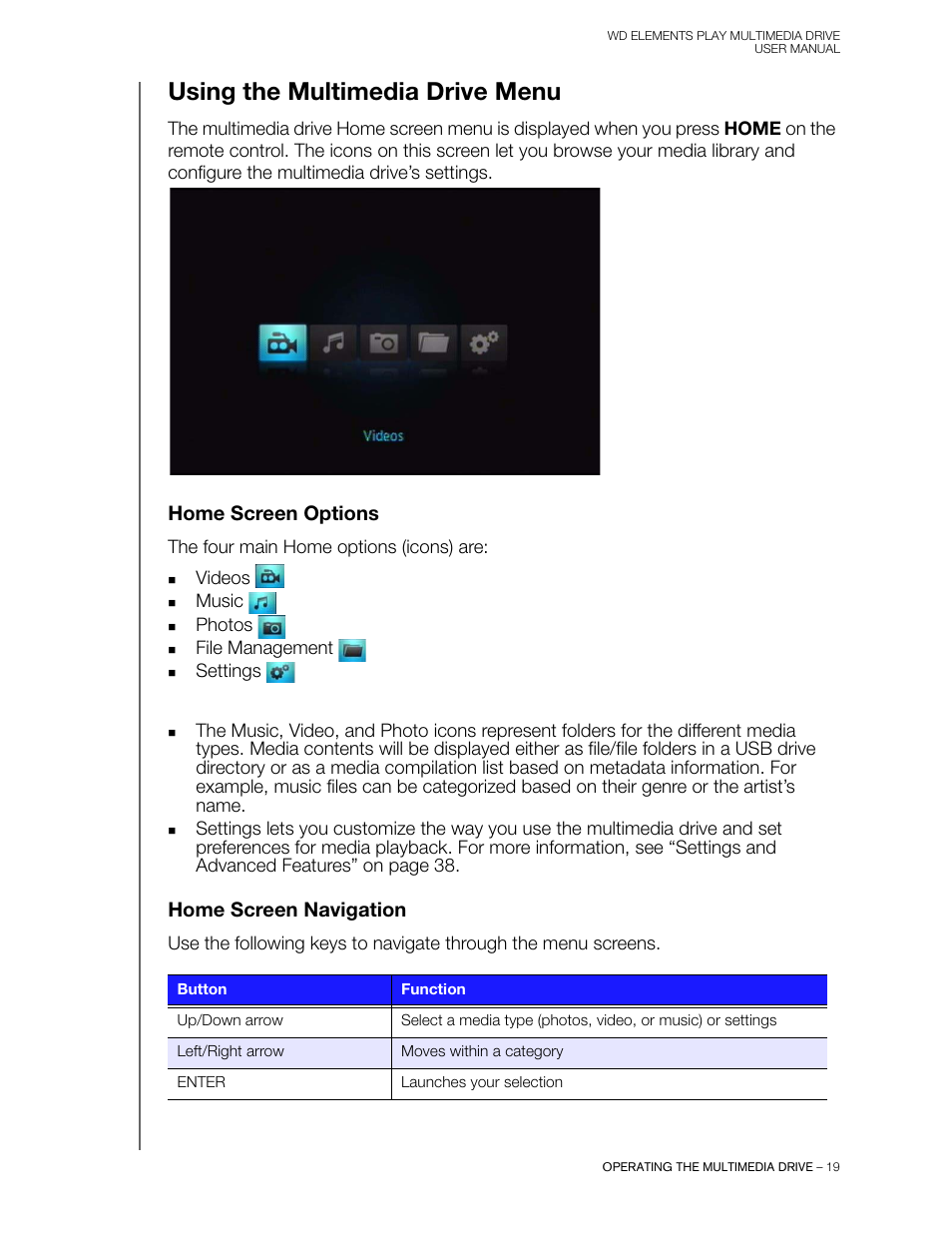 Using the multimedia drive menu, Home screen options, Home screen navigation | Western Digital WD Elements Play User Manual User Manual | Page 23 / 66