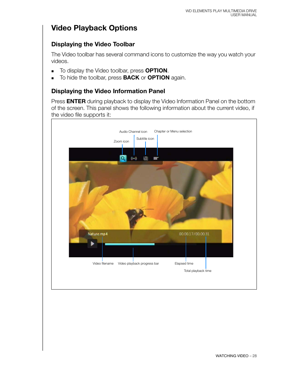 Video playback options, Displaying the video toolbar, Displaying the video information panel | Western Digital WD Elements Play User Manual User Manual | Page 32 / 66