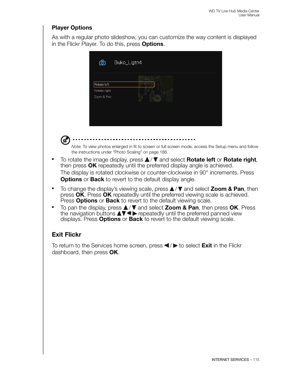 Player options, Exit flickr | Western Digital WD TV Live Hub Media Center User Manual User Manual | Page 120 / 241
