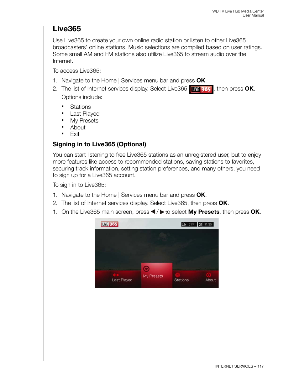 Live365, Signing in to live365 (optional) | Western Digital WD TV Live Hub Media Center User Manual User Manual | Page 122 / 241