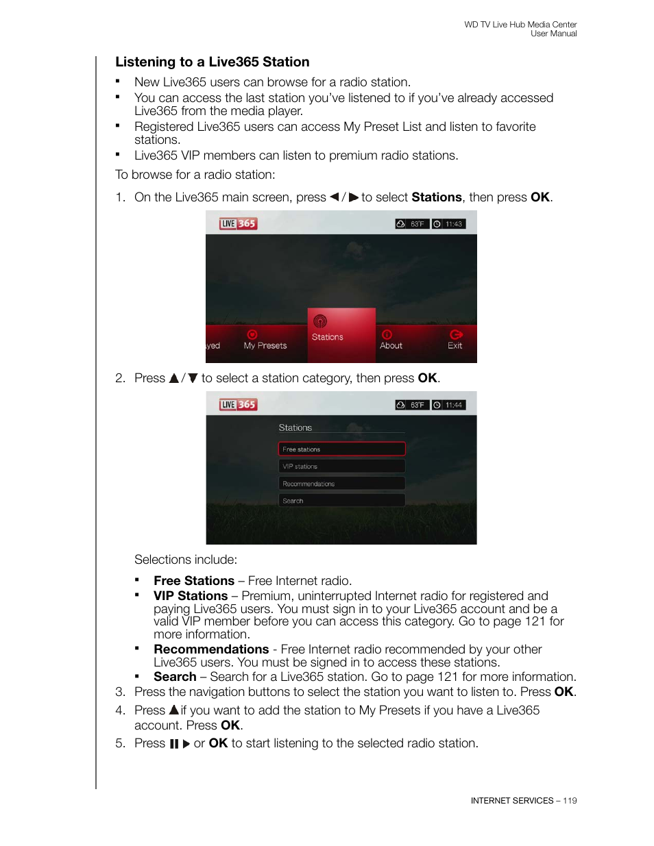 Listening to a live365 station | Western Digital WD TV Live Hub Media Center User Manual User Manual | Page 124 / 241