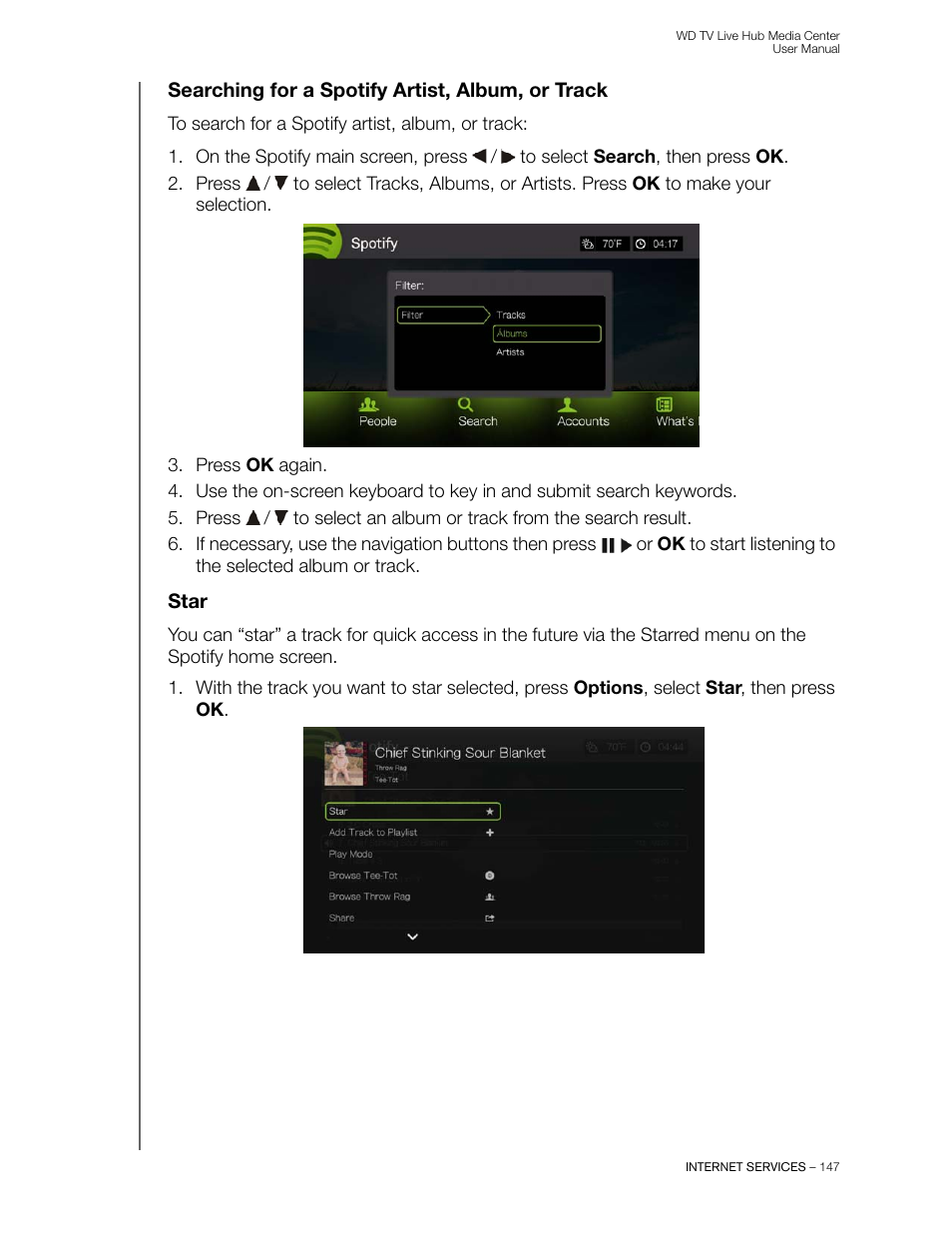Searching for a spotify artist, album, or track, Star | Western Digital WD TV Live Hub Media Center User Manual User Manual | Page 152 / 241