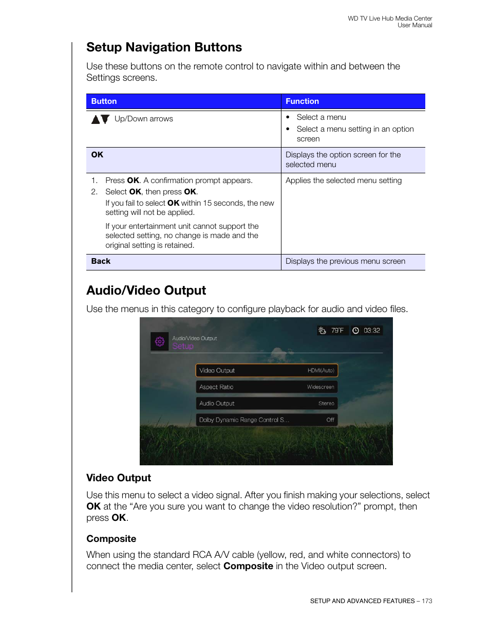 Setup navigation buttons, Audio/video output, Video output | Composite | Western Digital WD TV Live Hub Media Center User Manual User Manual | Page 178 / 241