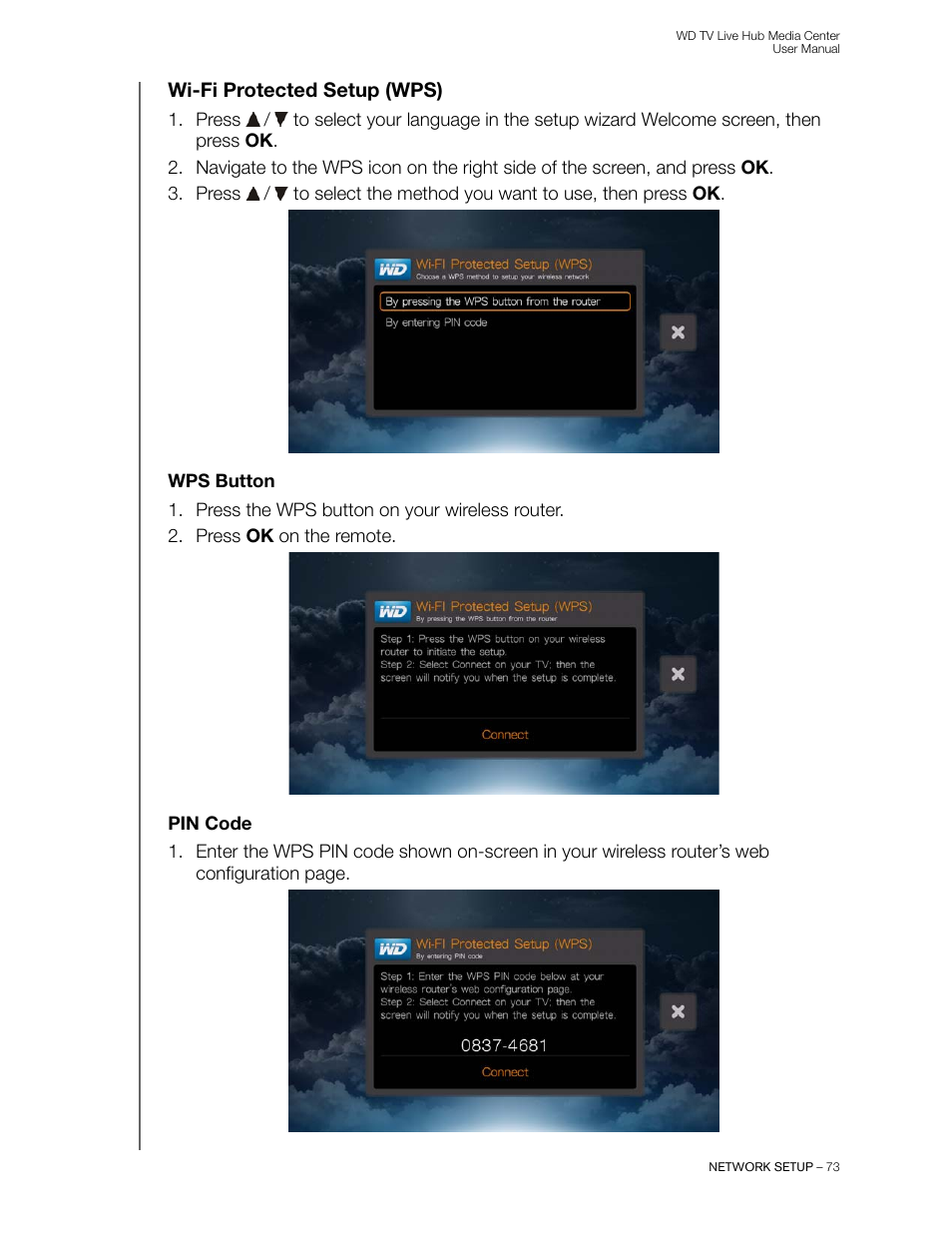 Wi-fi protected setup (wps), Wps button, Pin code | Western Digital WD TV Live Hub Media Center User Manual User Manual | Page 78 / 241