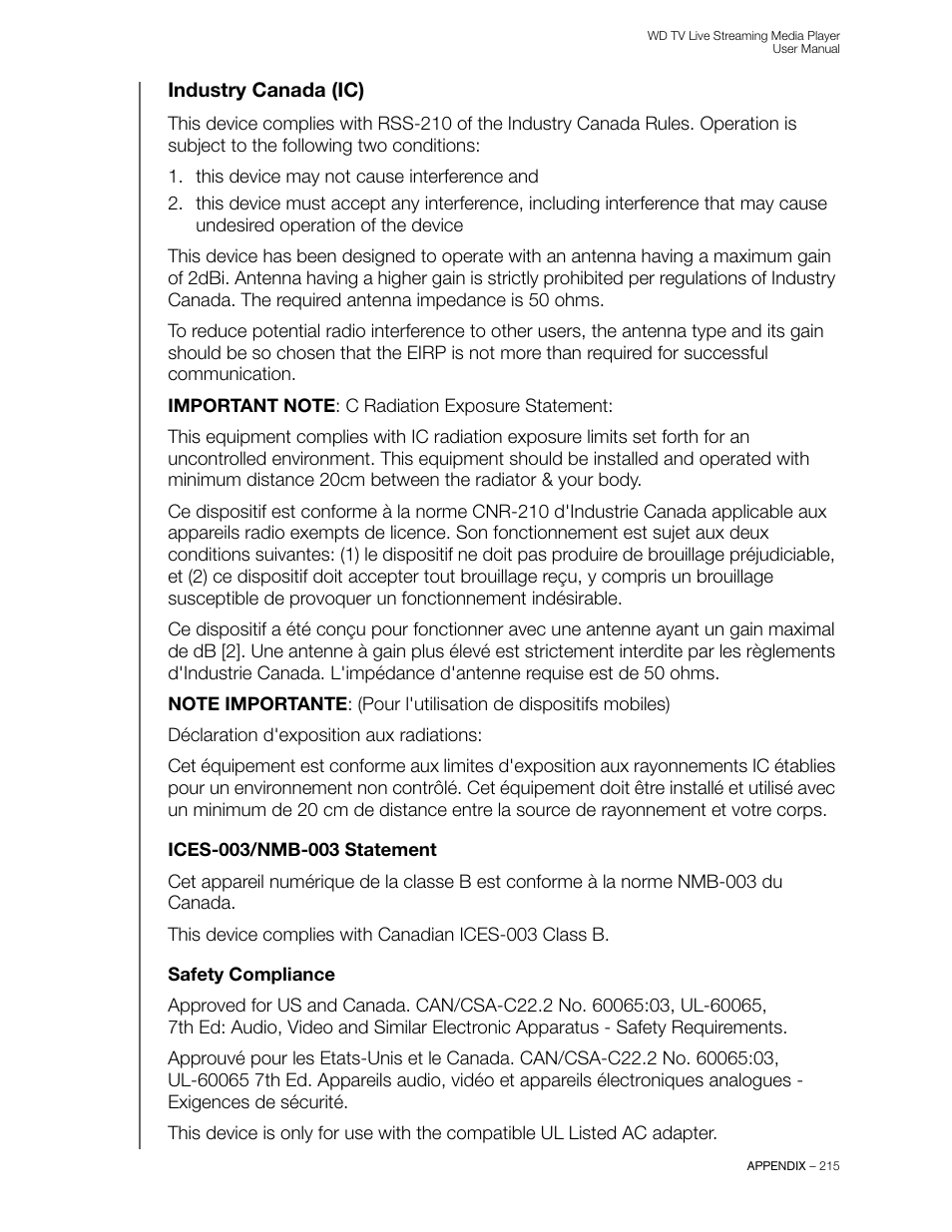 Industry canada (ic), Ices-003/nmb-003 statement, Safety compliance | Western Digital WD TV Live Streaming Media Player (Gen 3) User Manual User Manual | Page 220 / 237
