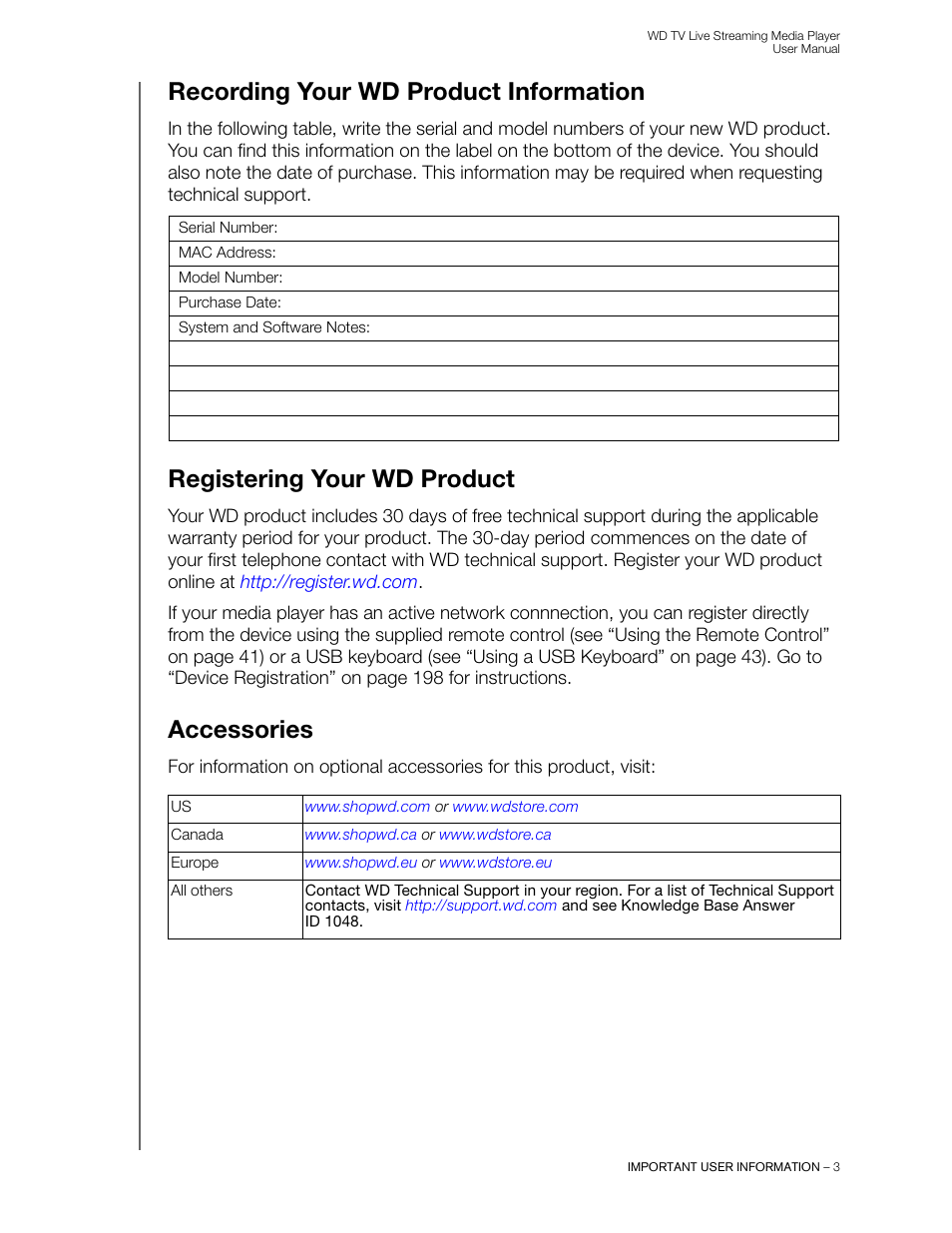 Recording your wd product information, Registering your wd product, Accessories | Western Digital WD TV Live Streaming Media Player (Gen 3) User Manual User Manual | Page 8 / 237