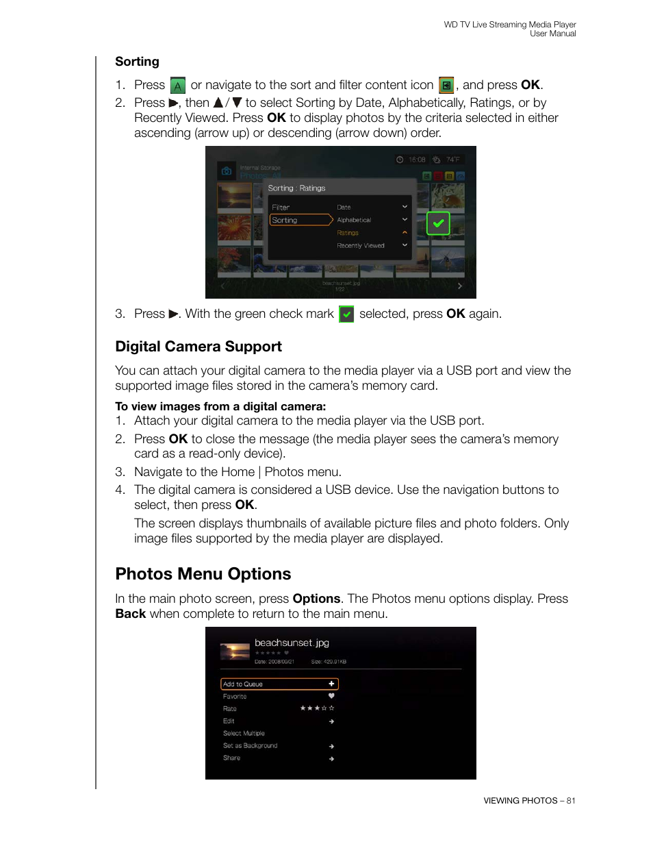 Sorting, Digital camera support, Photos menu options | Western Digital WD TV Live Streaming Media Player (Gen 3) User Manual User Manual | Page 86 / 237