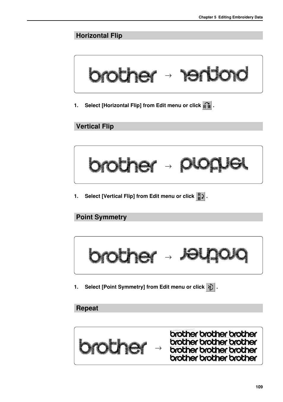 Horizontal flip, Vertical flip, Point symmetry | Repeat | Brother BES-962BC User Manual | Page 111 / 270
