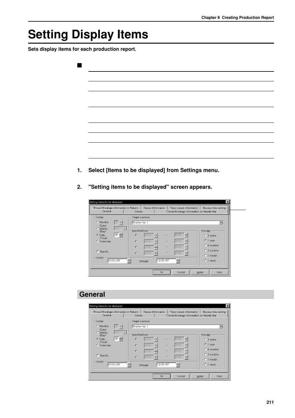 Setting display items, General | Brother BES-962BC User Manual | Page 213 / 270