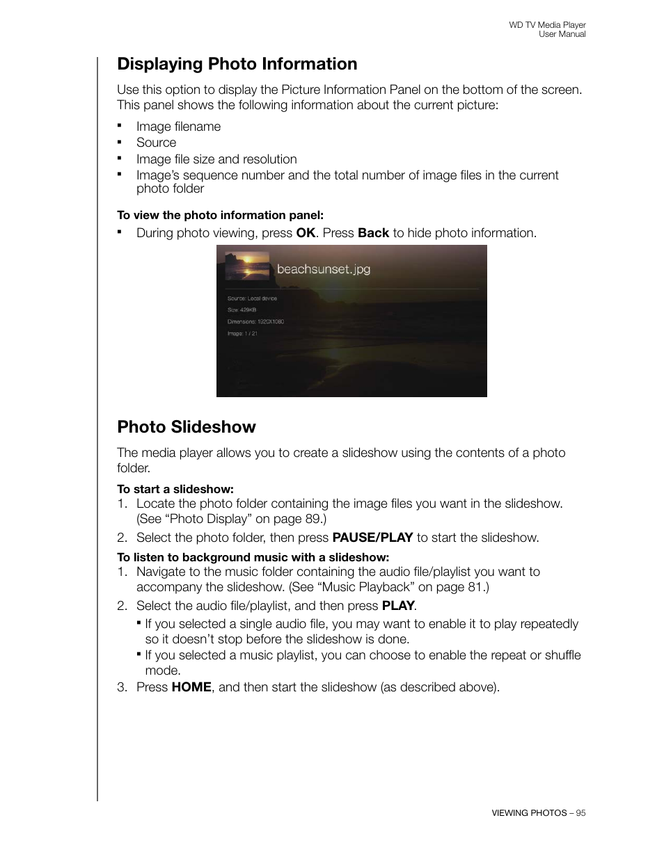 Displaying photo information, Photo slideshow | Western Digital WD TV User Manual User Manual | Page 100 / 244