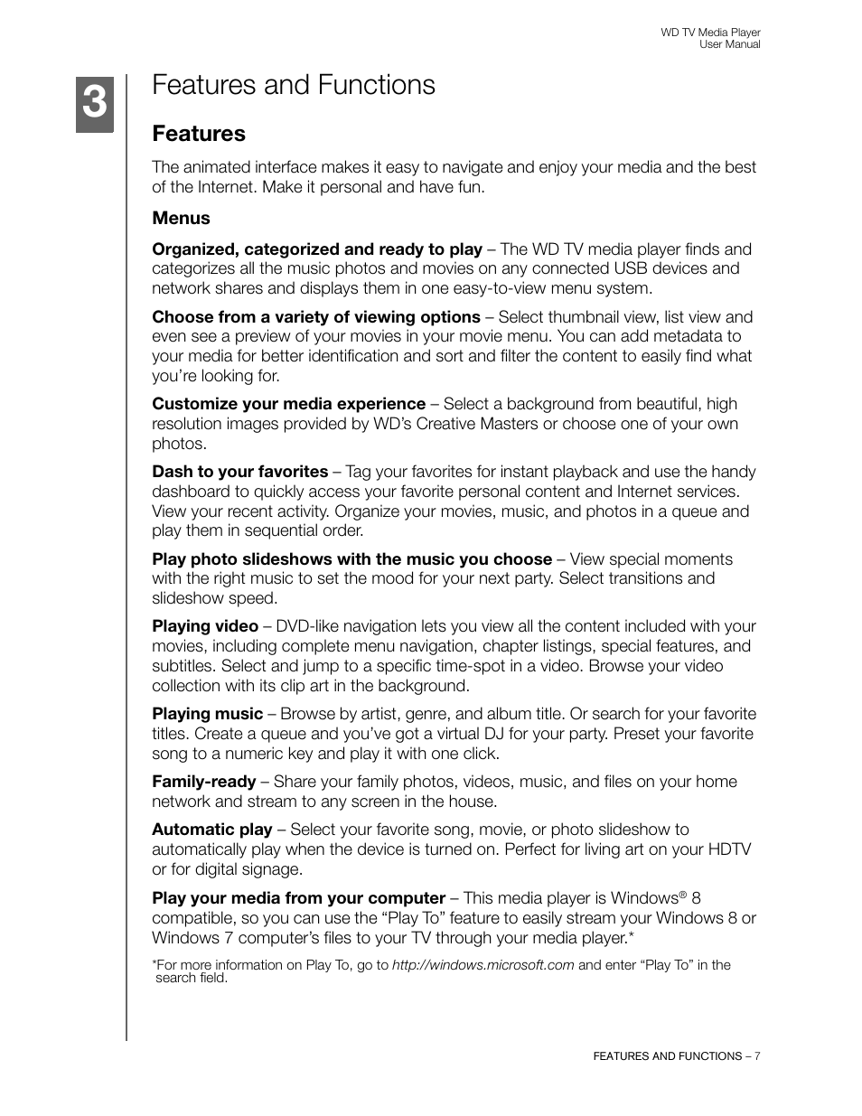 Features and functions, Features, Menus | Western Digital WD TV User Manual User Manual | Page 12 / 244