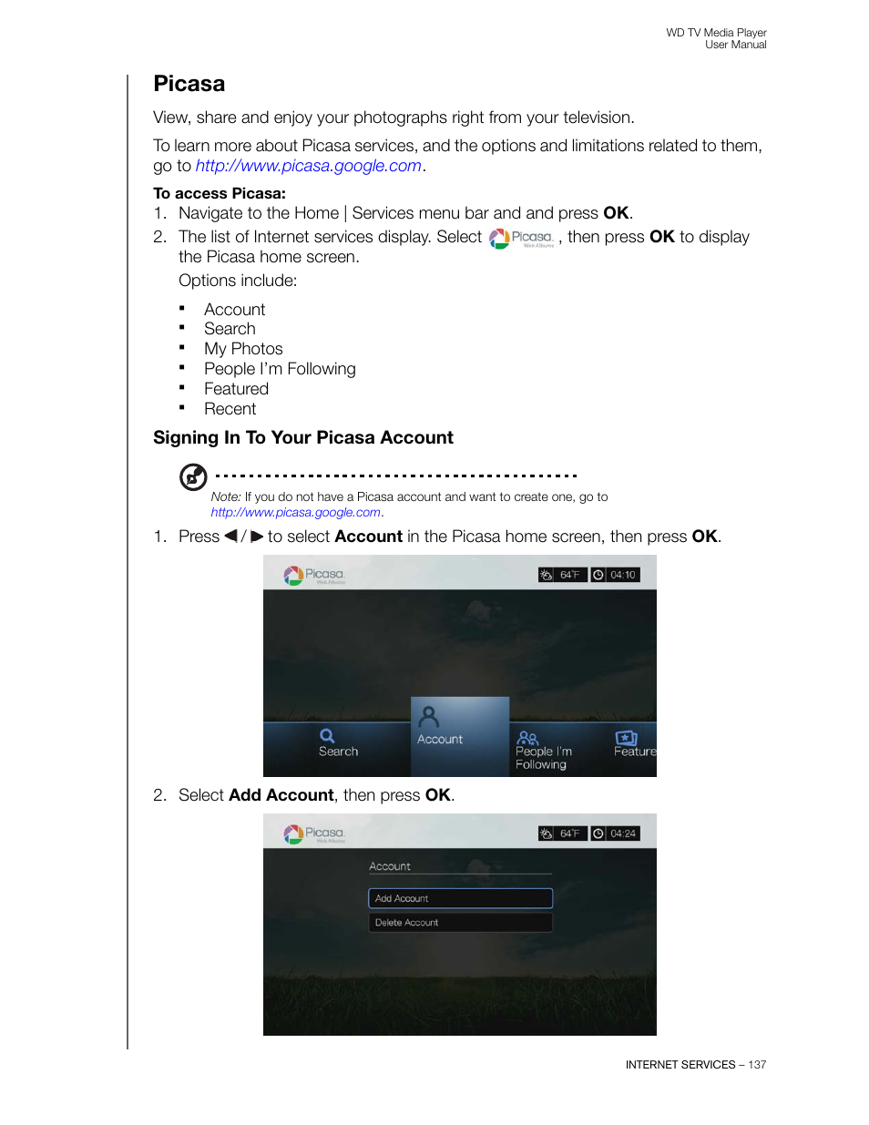 Picasa, Signing in to your picasa account | Western Digital WD TV User Manual User Manual | Page 142 / 244