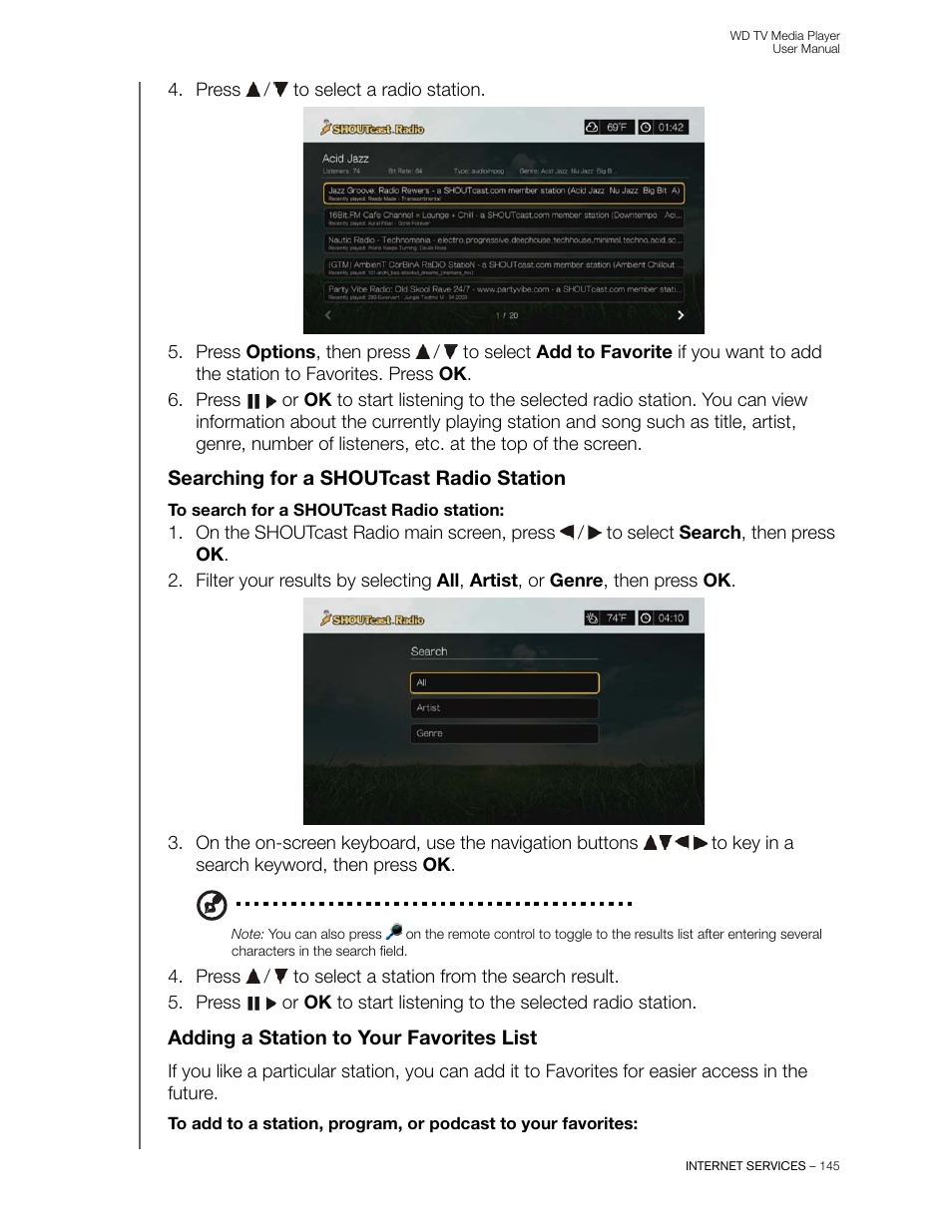 Searching for a shoutcast radio station, Adding a station to your favorites list | Western Digital WD TV User Manual User Manual | Page 150 / 244