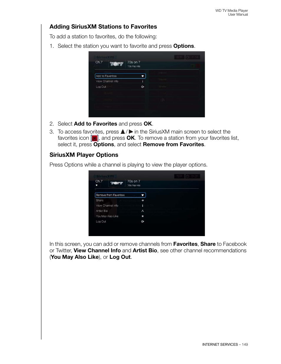 Adding siriusxm stations to favorites, Siriusxm player options | Western Digital WD TV User Manual User Manual | Page 154 / 244