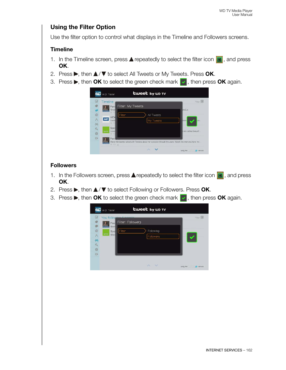 Using the filter option, Timeline, Followers | Western Digital WD TV User Manual User Manual | Page 167 / 244