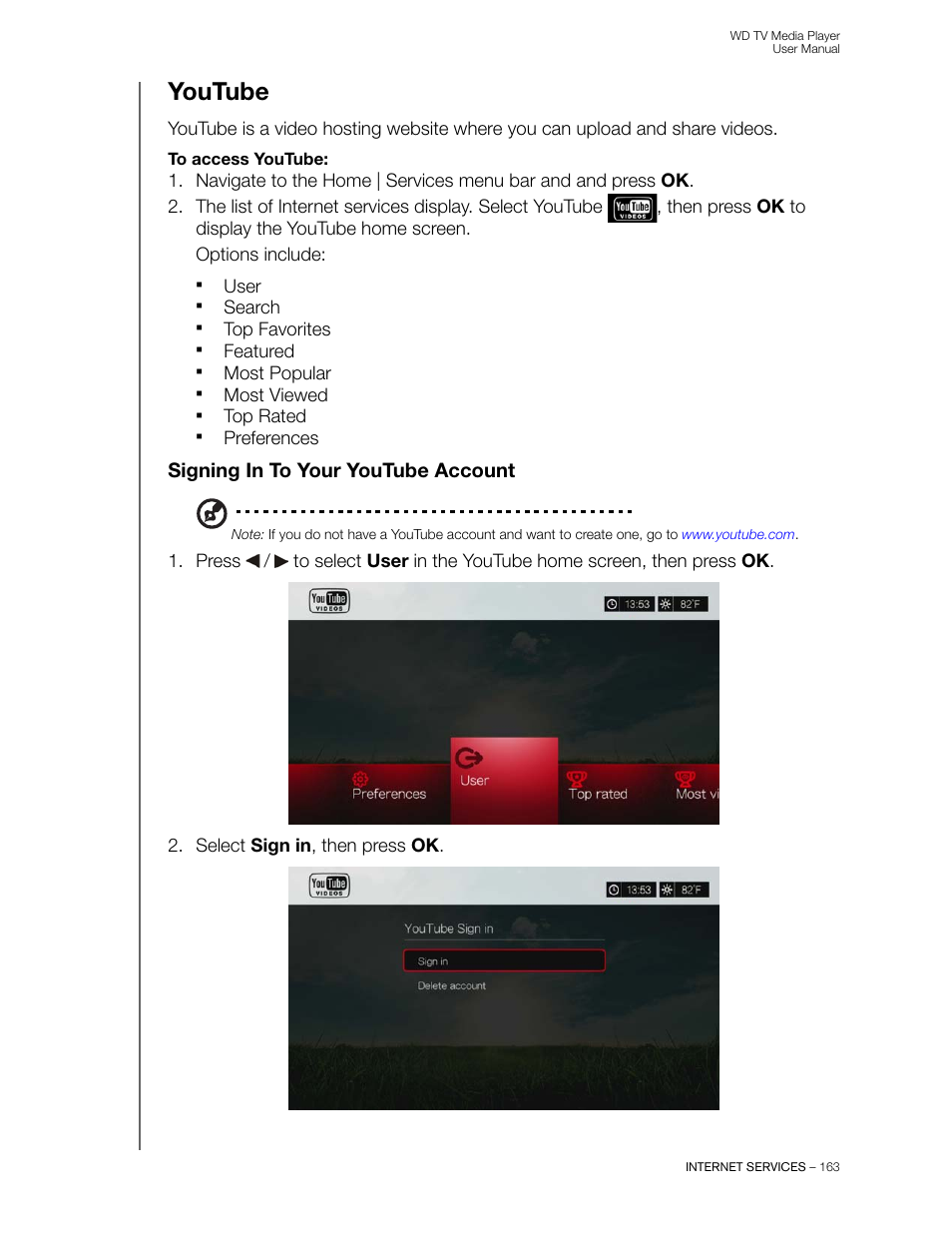 Youtube, Signing in to your youtube account | Western Digital WD TV User Manual User Manual | Page 168 / 244