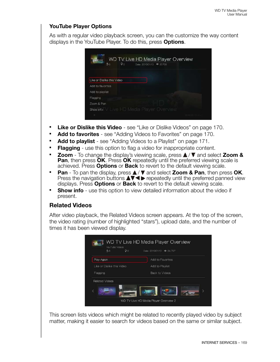 Youtube player options, Related videos | Western Digital WD TV User Manual User Manual | Page 174 / 244