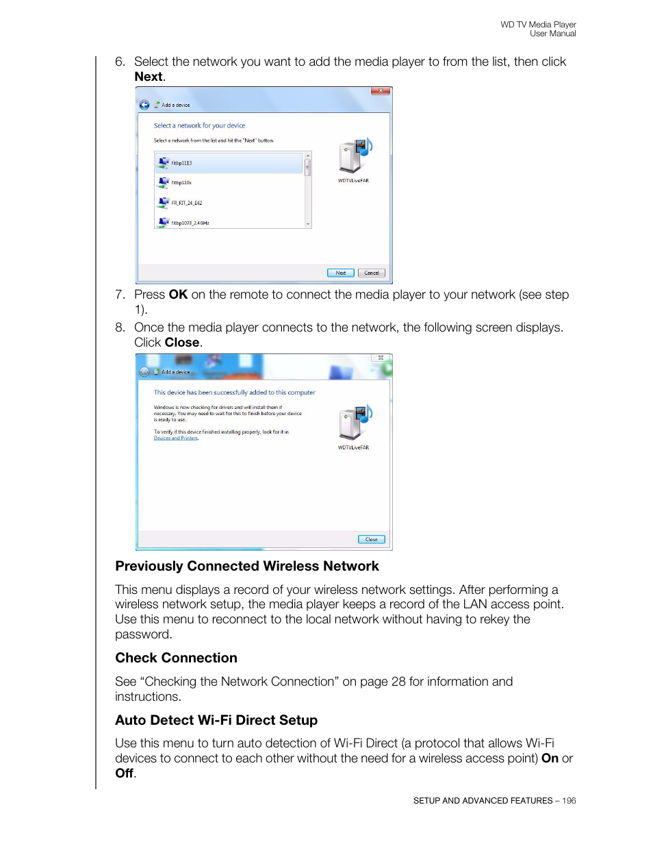 Previously connected wireless network, Check connection, Auto detect wi-fi direct setup | Western Digital WD TV User Manual User Manual | Page 201 / 244