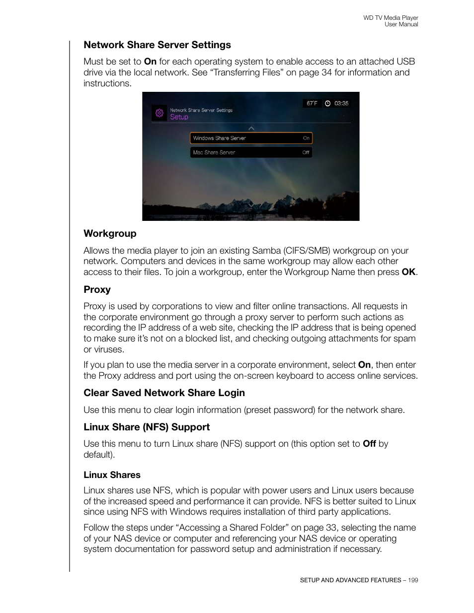 Network share server settings, Workgroup, Proxy | Clear saved network share login, Linux share (nfs) support, Linux shares | Western Digital WD TV User Manual User Manual | Page 204 / 244