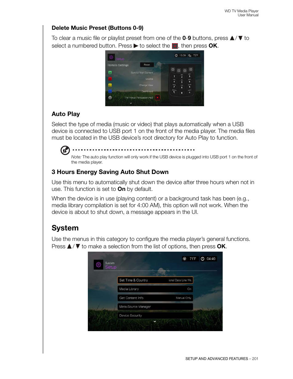 Delete music preset (buttons 0-9), Auto play, 3 hours energy saving auto shut down | System | Western Digital WD TV User Manual User Manual | Page 206 / 244