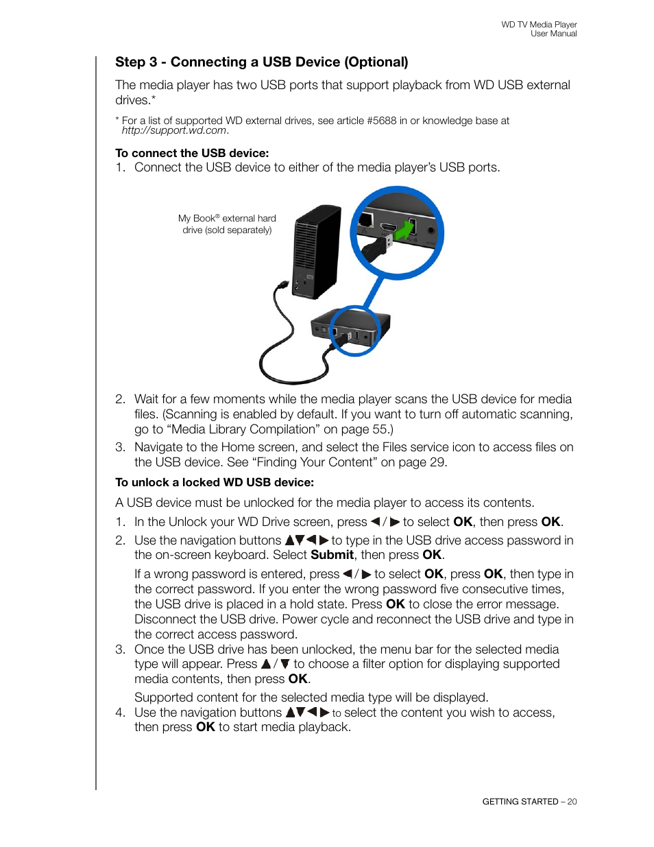 Step 3 - connecting a usb device (optional), Media content (“step 3 - connecting a | Western Digital WD TV User Manual User Manual | Page 25 / 244