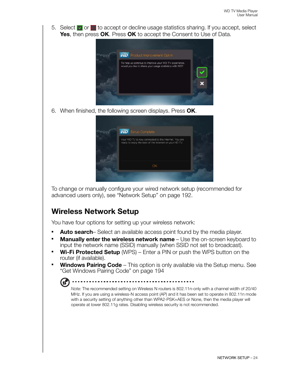 Wireless network setup | Western Digital WD TV User Manual User Manual | Page 29 / 244