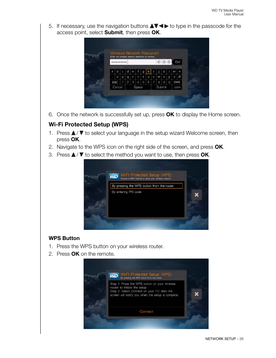 Wi-fi protected setup (wps), Wps button | Western Digital WD TV User Manual User Manual | Page 31 / 244