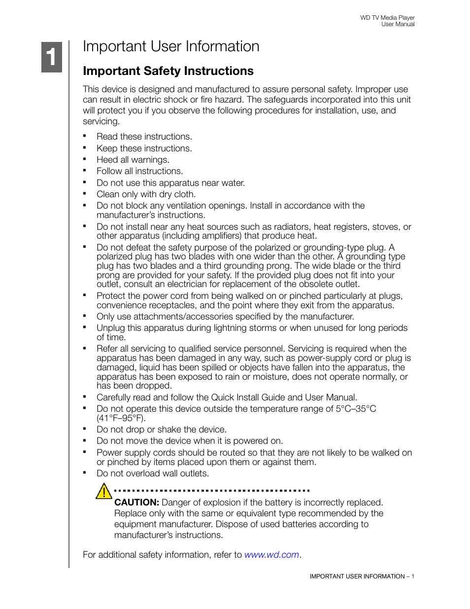 Important user information, Important safety instructions | Western Digital WD TV User Manual User Manual | Page 6 / 244