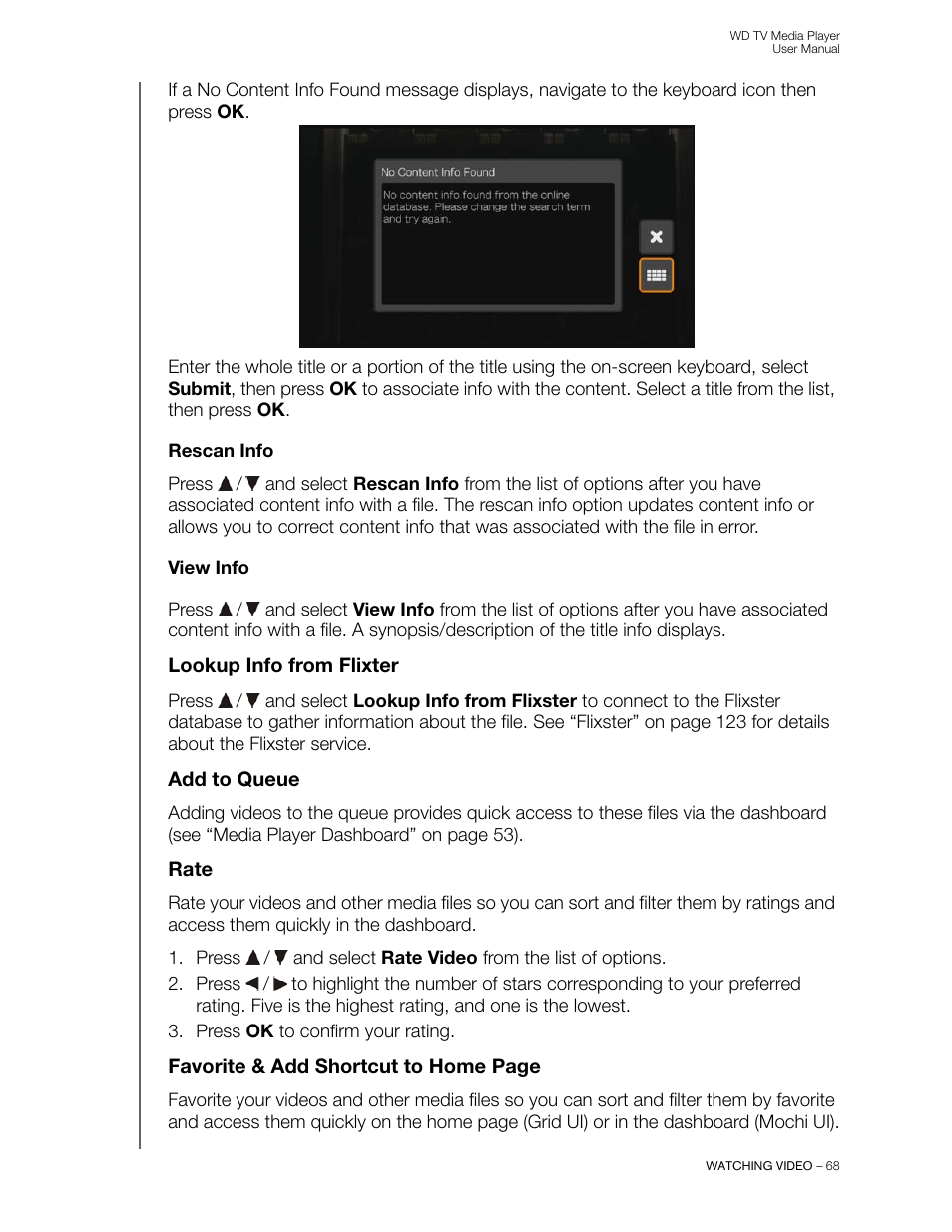 Rescan info, View info, Lookup info from flixter | Add to queue, Rate | Western Digital WD TV User Manual User Manual | Page 73 / 244