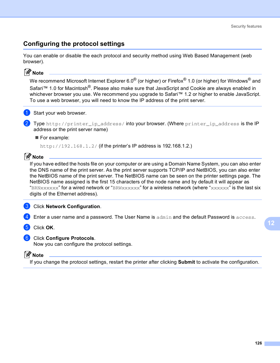Configuring the protocol settings, 12 configuring the protocol settings | Brother HL 4040CN User Manual | Page 133 / 177