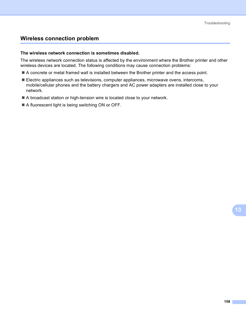 Wireless connection problem, 13 wireless connection problem | Brother HL 4040CN User Manual | Page 165 / 177