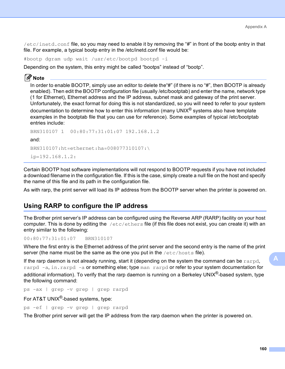 Using rarp to configure the ip address | Brother HL 4040CN User Manual | Page 167 / 177
