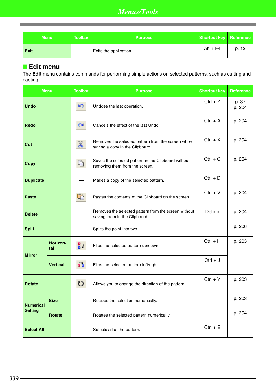 Menus/tools, Edit menu | Brother PE-DESIGN V7 User Manual | Page 345 / 361
