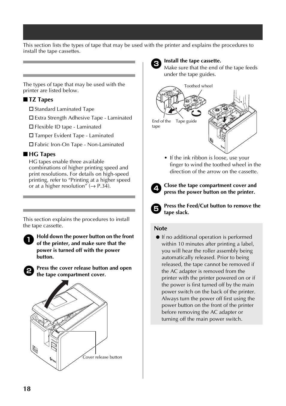 Installing the tape cassette, Authorized tape, Authorized tape installing the tape cassette | Brother P-TOUCH PT-97OOPC User Manual | Page 19 / 118