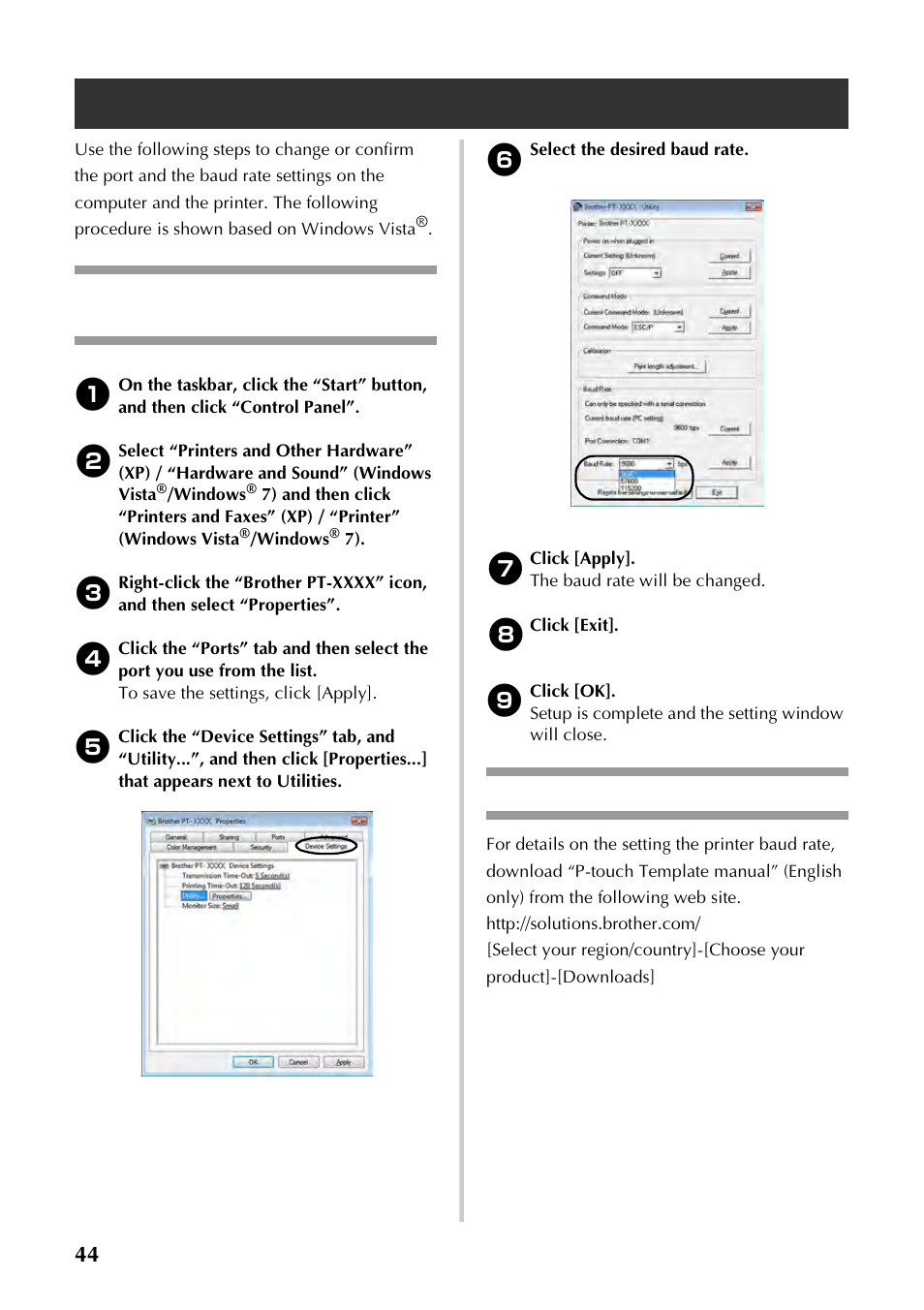 Serial interface settings (windows® only), Setting the computer baud rate, Setting the printer baud rate | Serial interface settings (windows, Only), P.44) | Brother P-TOUCH PT-97OOPC User Manual | Page 45 / 118