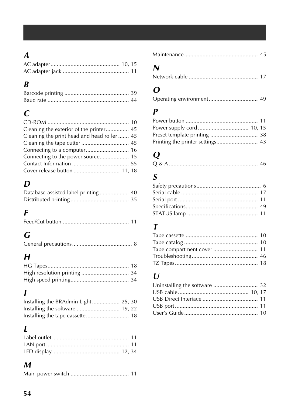Index, Index a | Brother P-TOUCH PT-97OOPC User Manual | Page 55 / 118