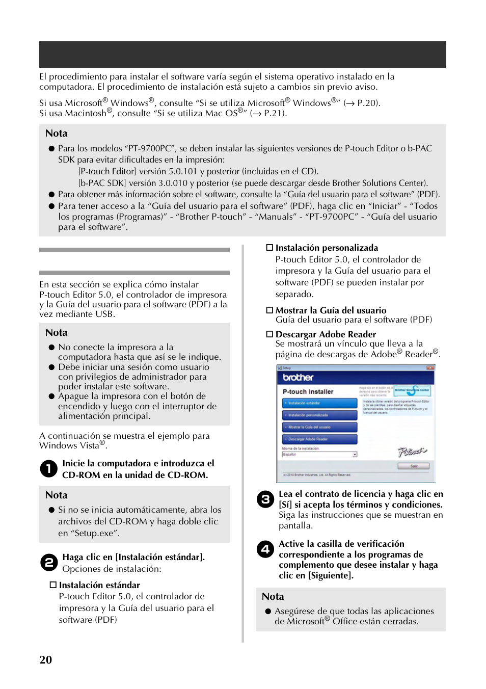 Si se utiliza microsoft® windows, Si se utiliza microsoft, Te “instalación del software para la | Impresora pt-9700pc, P.20) o “i, Windows | Brother P-TOUCH PT-97OOPC User Manual | Page 77 / 118