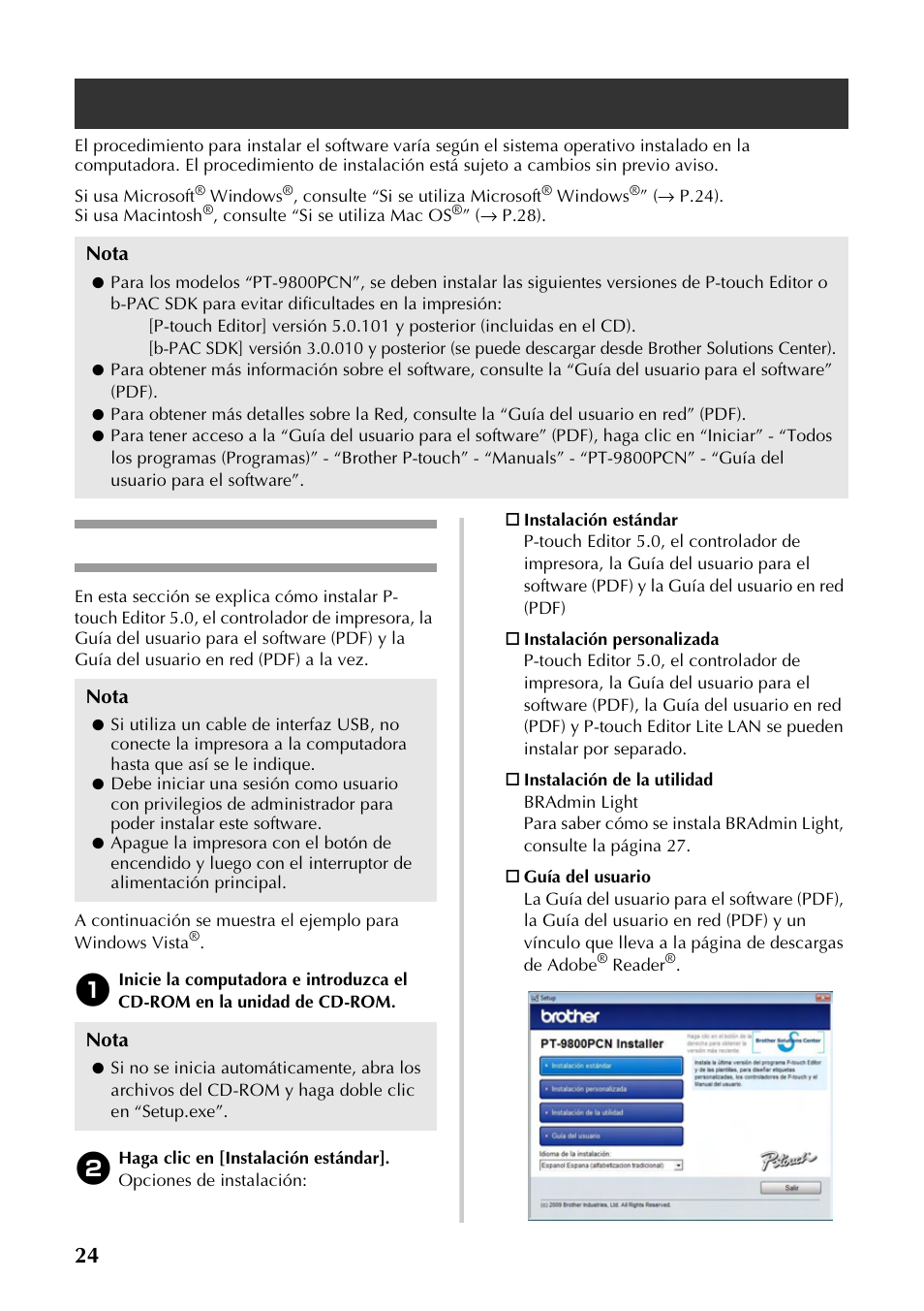 Si se utiliza microsoft® windows, Si se utiliza microsoft, Nstalación del | Software para la impresora pt-9800pcn, P.24), Windows | Brother P-TOUCH PT-97OOPC User Manual | Page 81 / 118