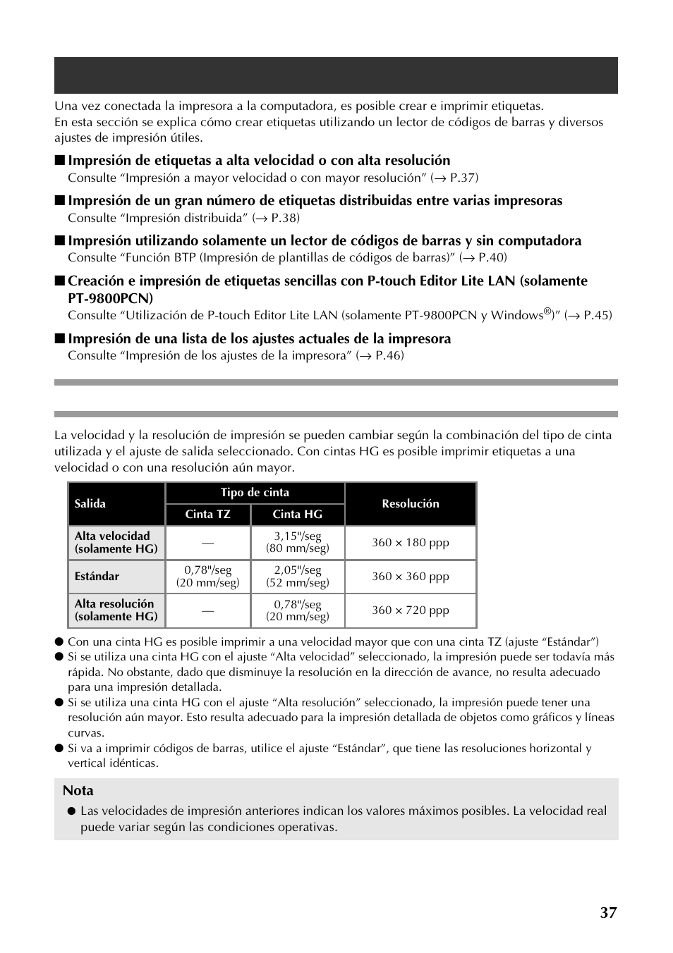 Función avanzada, Impresión a mayor velocidad o con mayor resolución | Brother P-TOUCH PT-97OOPC User Manual | Page 94 / 118