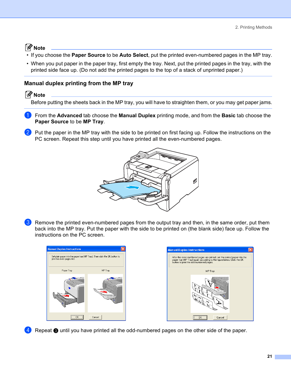 Manual duplex printing from the mp tray | Brother HL-5280DW User Manual | Page 29 / 152