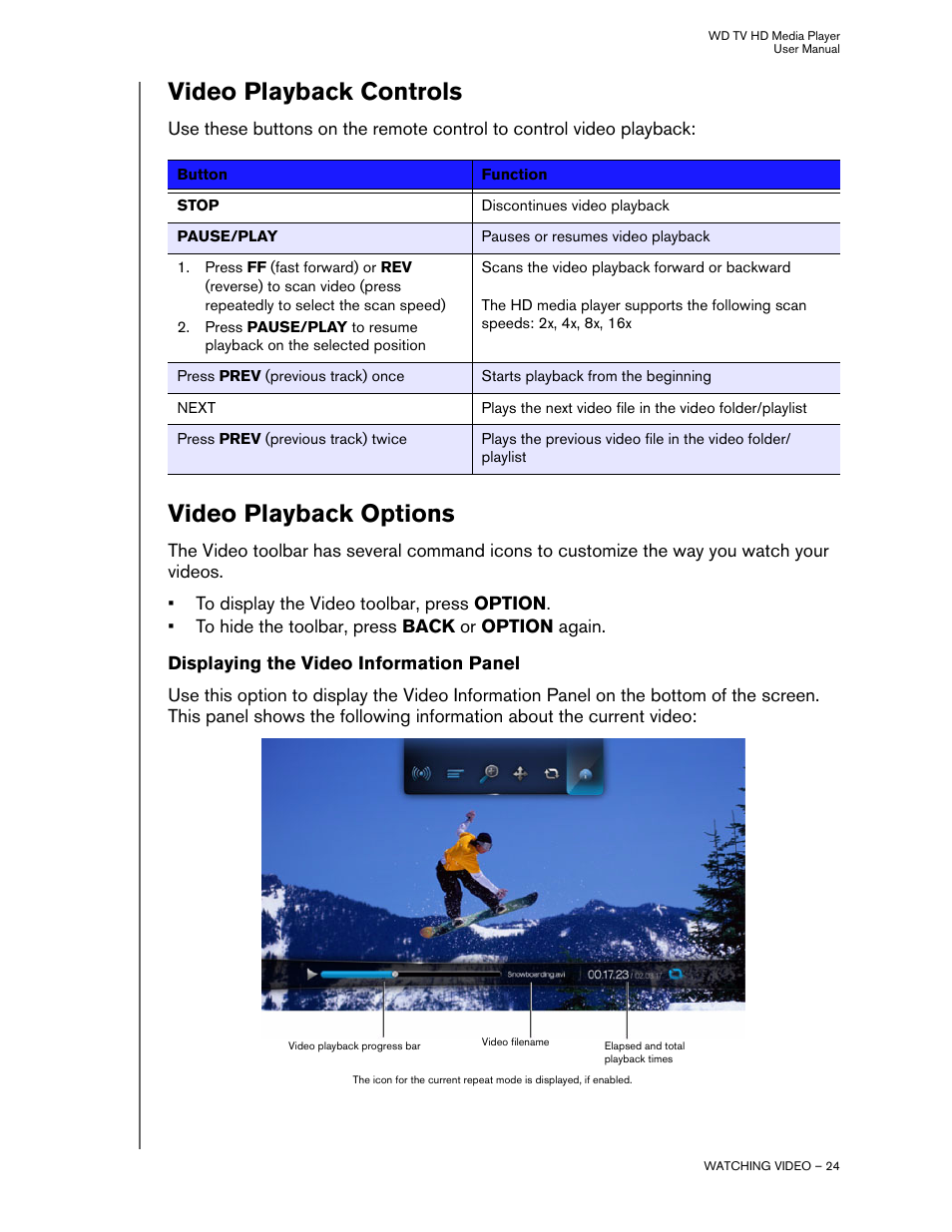 Video playback controls, Video playback options, Displaying the video information panel | Western Digital WD TV HD Media Player (Gen 1) User Manual User Manual | Page 27 / 81