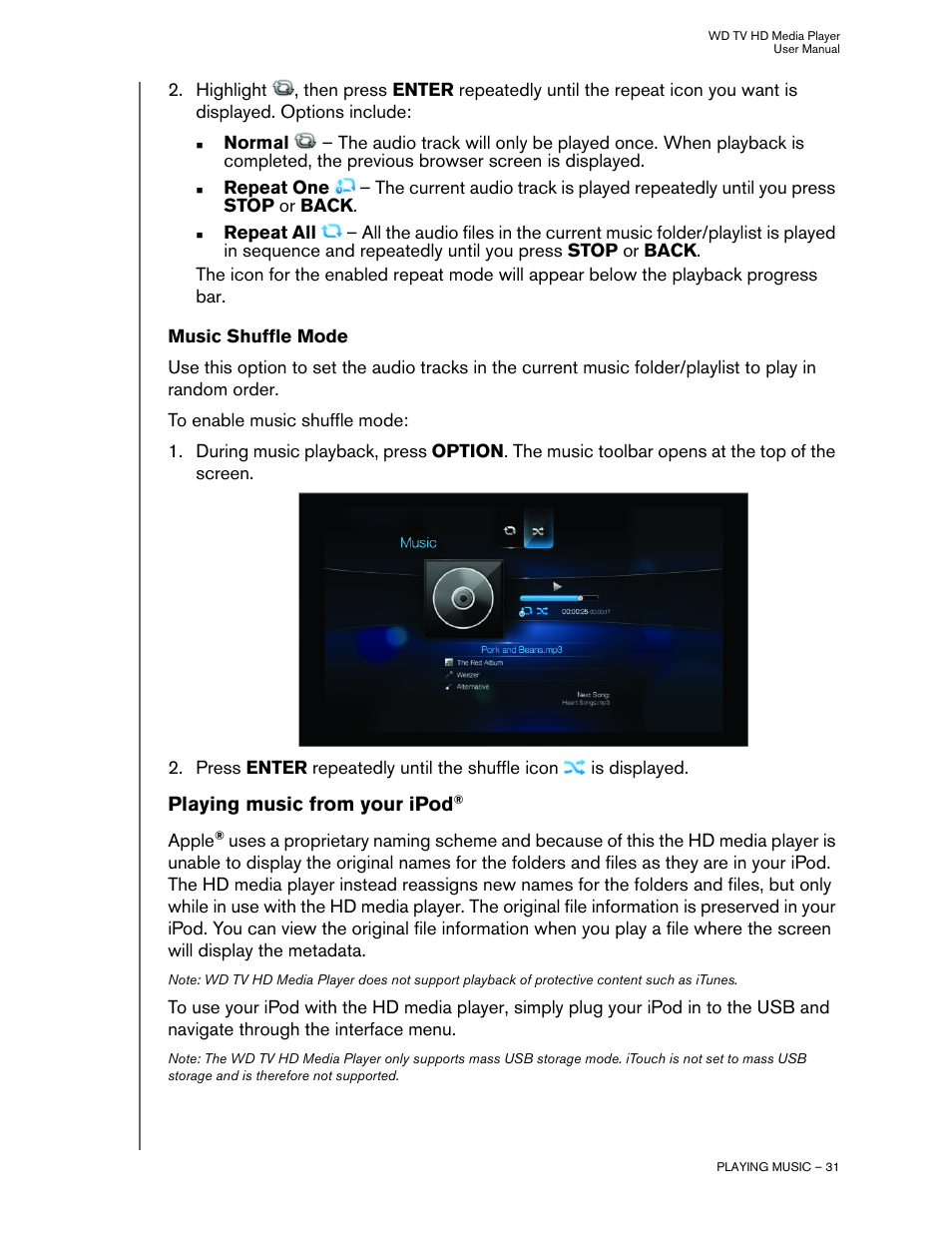 Music shuffle mode, Playing music from your ipod | Western Digital WD TV HD Media Player (Gen 1) User Manual User Manual | Page 34 / 81
