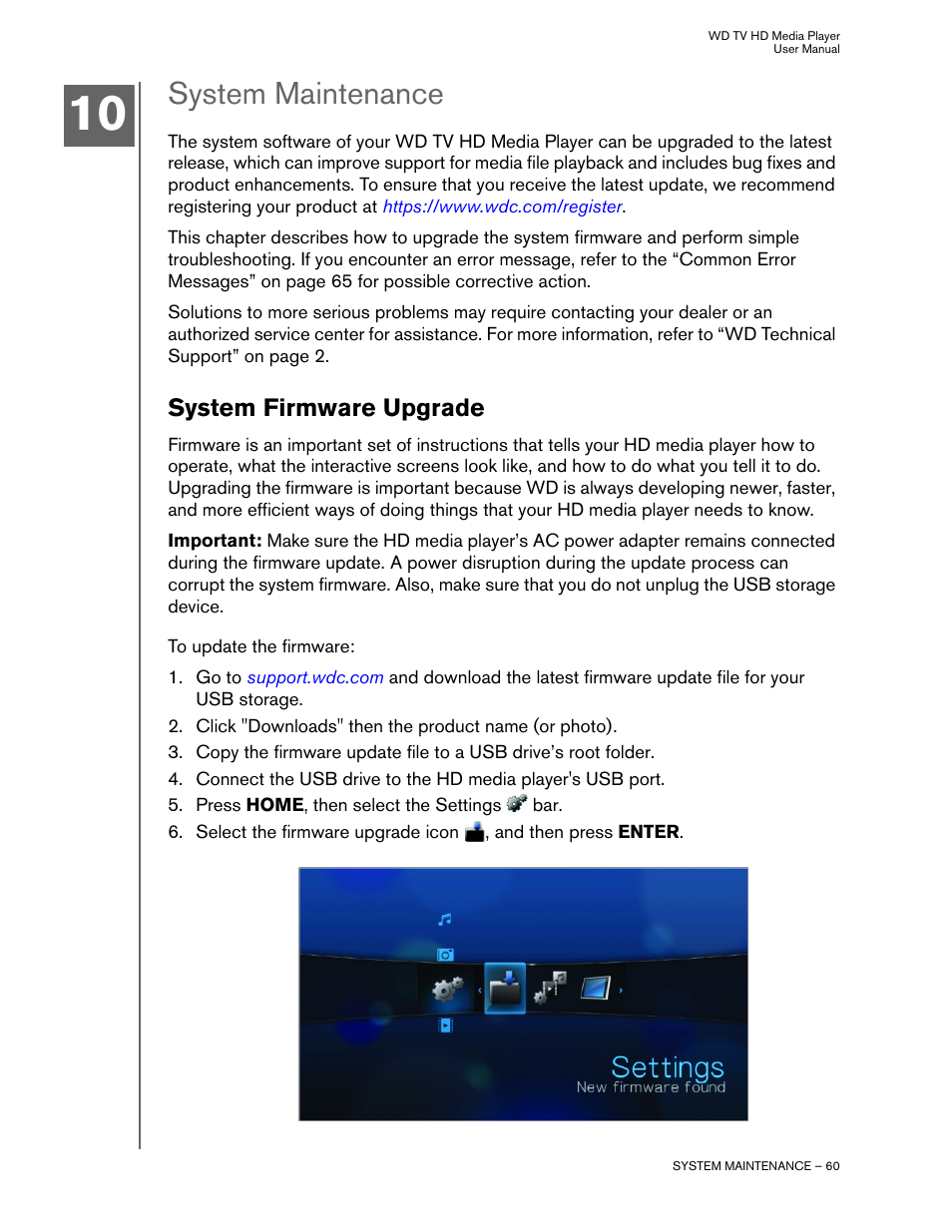 System maintenance, System firmware upgrade | Western Digital WD TV HD Media Player (Gen 1) User Manual User Manual | Page 63 / 81